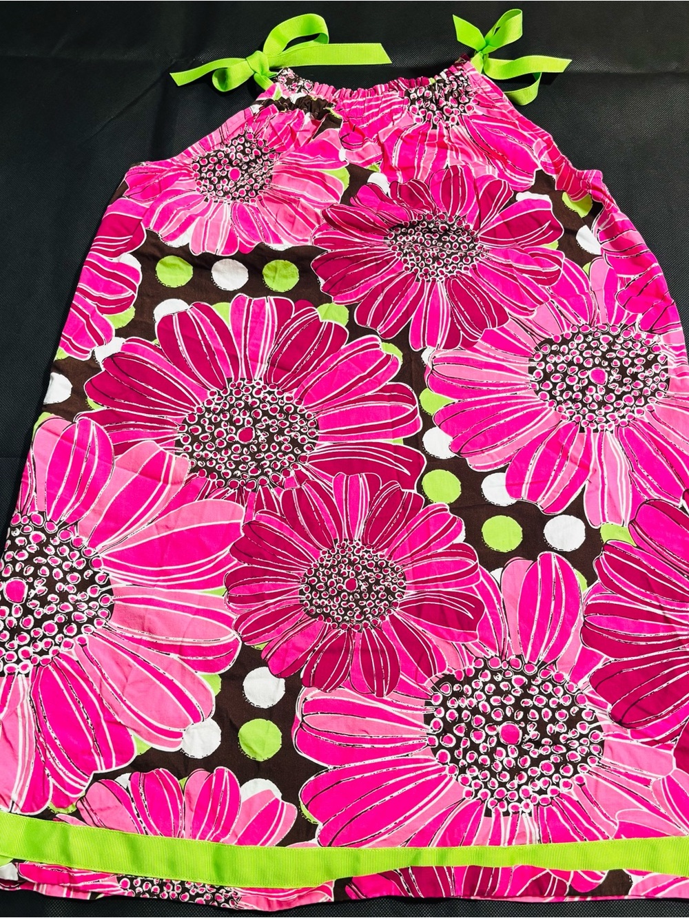Y2K Hanna Andersson Pink & Green Floral Mini Dress Ribbon Straps Girls 10